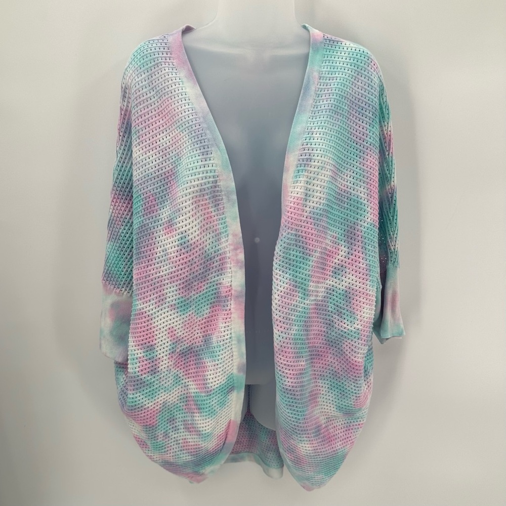 VENUS Cardigan Sweater Womens L Pink Blue Tie Dye Open Front Cocoon Cotton Knit